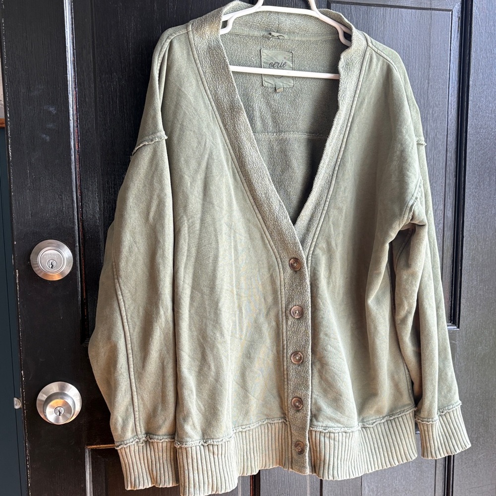 aerie Olive Green Button-Front V-Neck Cardigan Sweatshirt